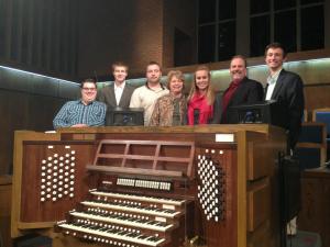 Joby Bell, second from right, and his class from Appalachian State University in North Carolina, at the console of the Longview organ after Ken's closing recital.