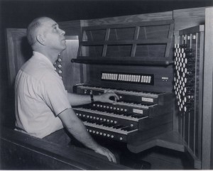 Roy Perry at Opus 1174 during its tonal finishing, 1950